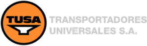 Logotipo con letras grises donde pone Transportadores Universales S.A. y un circulo naranja donde pone TUSA con letras negras y una figura blanca